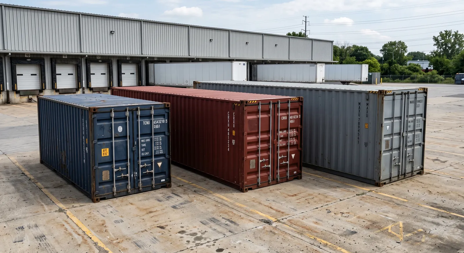20ft, 40ft, and 40ft high cube commercial storage containers side by side for size comparison