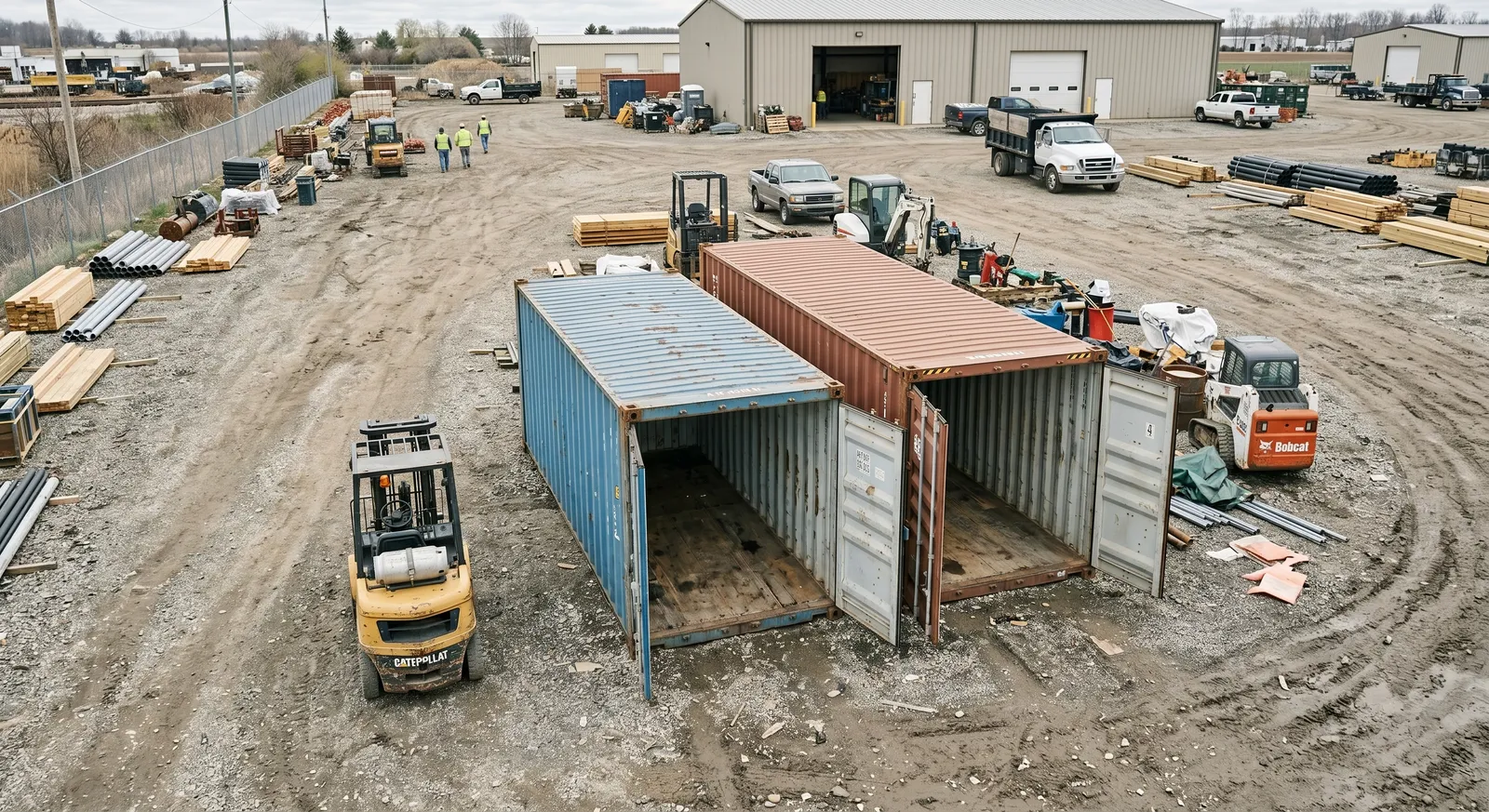 20ft and 40ft shipping containers side by side on a contractor staging lot with doors open