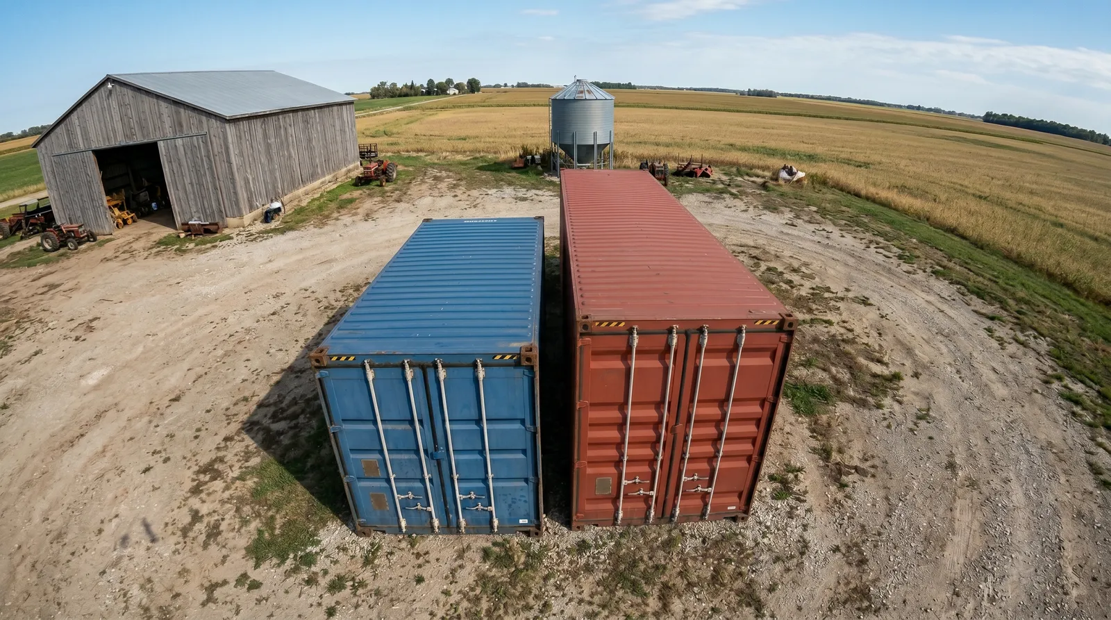 20ft and 40ft shipping containers side by side for comparison on a farm yard