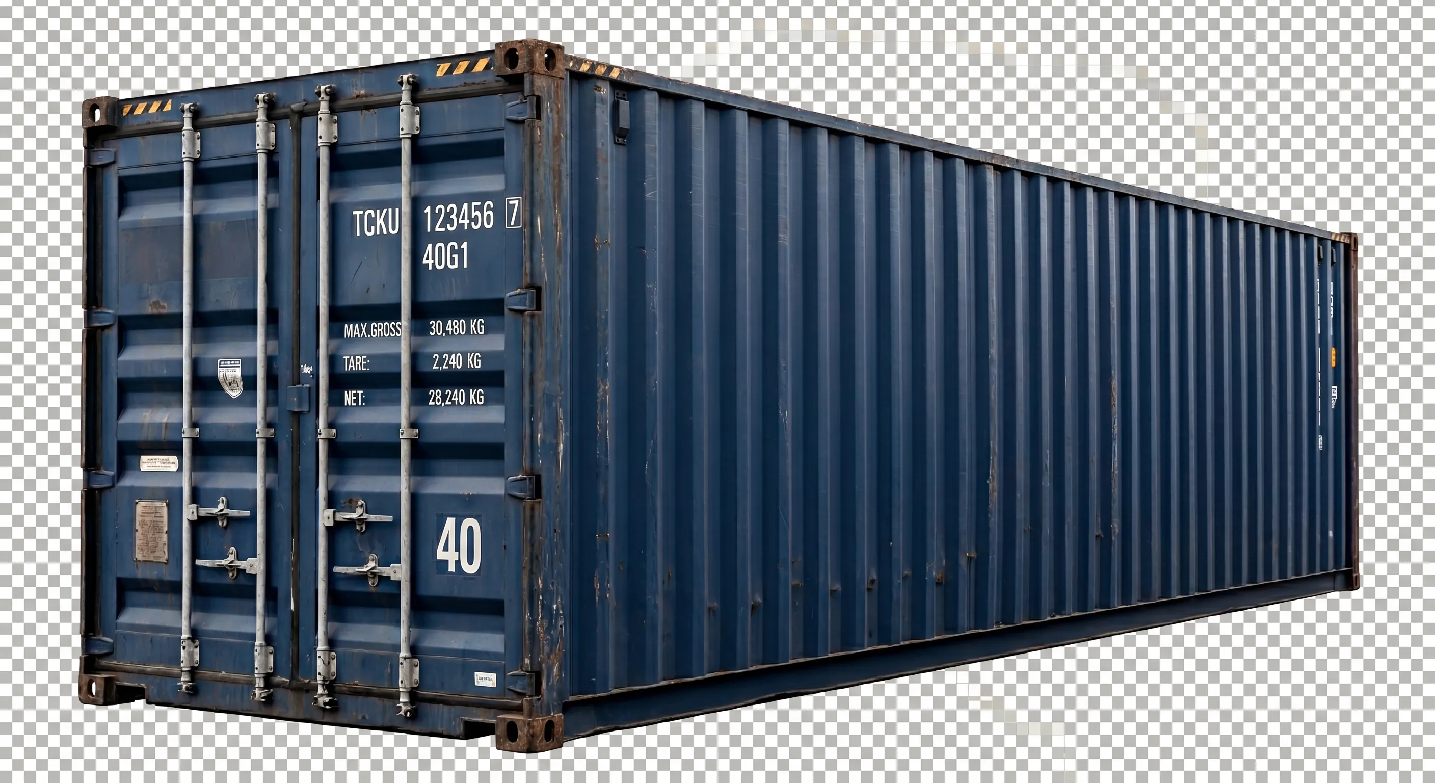 A 40ft used shipping container photographed in a yard