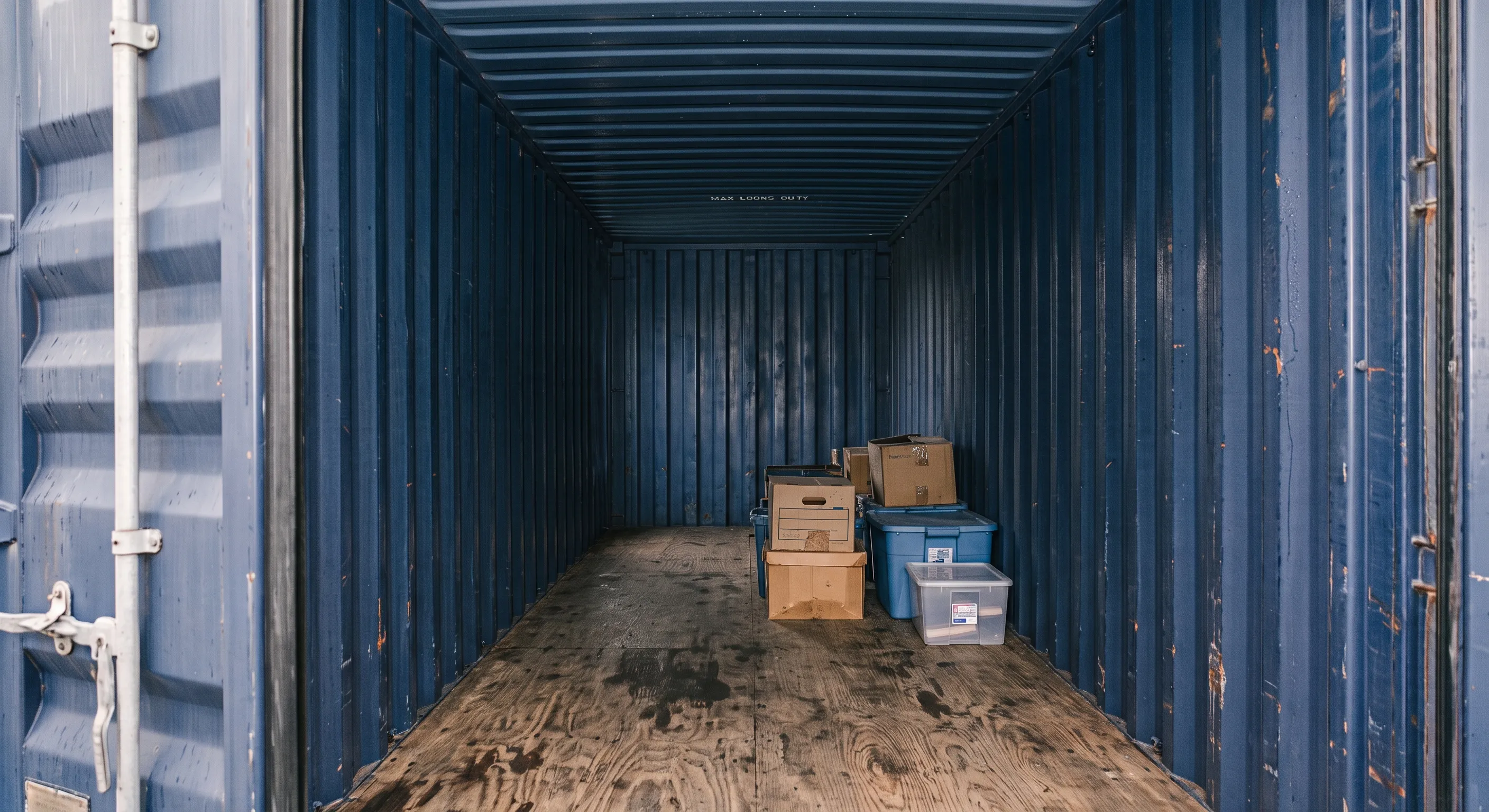 Interior of a used shipping container with a damp sheen on the steel walls and cardboard boxes and plastic totes sitting dry on the plywood floor