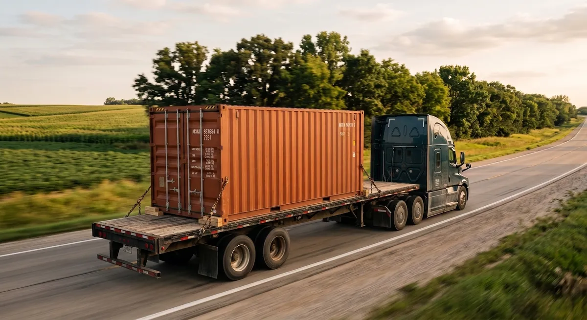 A rust coloured twenty foot shipping container chained down on a flatbed trailer, moving along a two lane highway past crop fields at dusk.