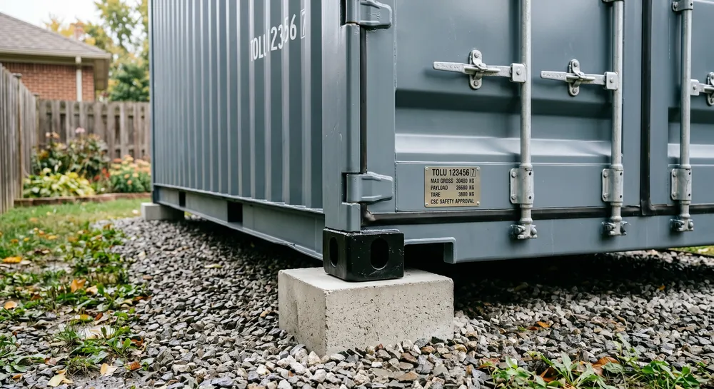 Shipping container corner casting set on a concrete block over a gravel pad, no foundation