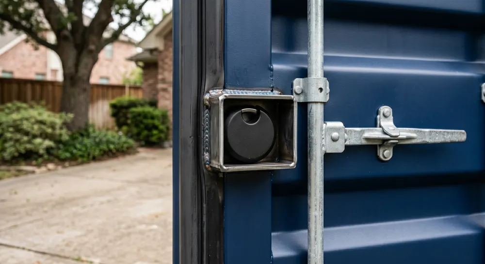 Steel container cargo door secured with a puck lock in a residential lockbox hasp