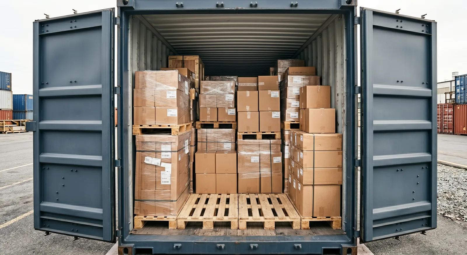 Interior of a 40ft shipping container holding palletized business inventory storage