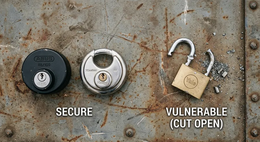 Puck and discus locks beside a cut-open padlock, showing secure and vulnerable container lock choices