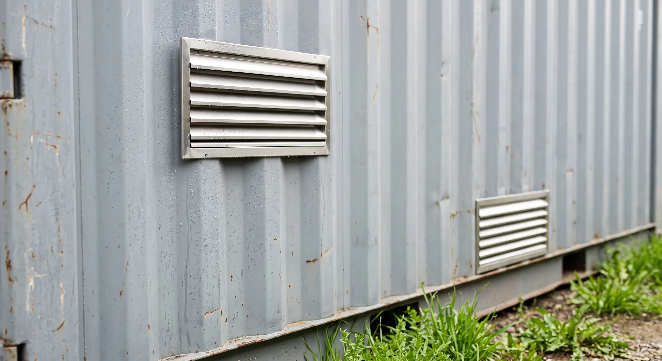 Two louvered vents installed high and low on the corrugated side wall of a weathered gray used container, with moisture beads on the surrounding steel