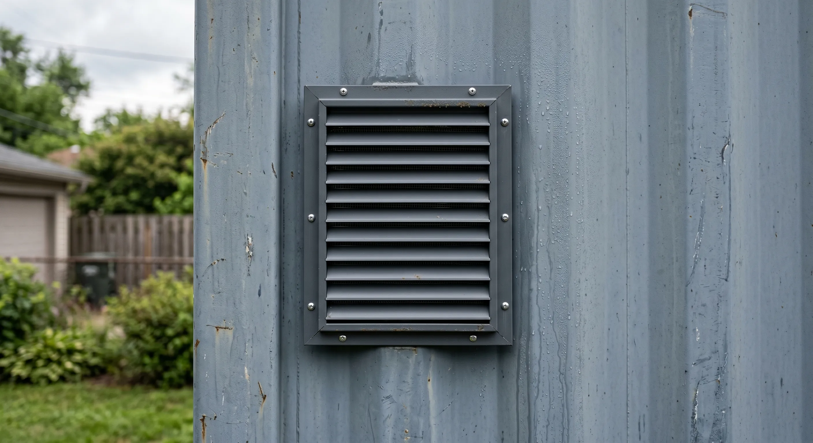A louvered ventilation panel installed in a used container wall to promote airflow and reduce trapped humidity