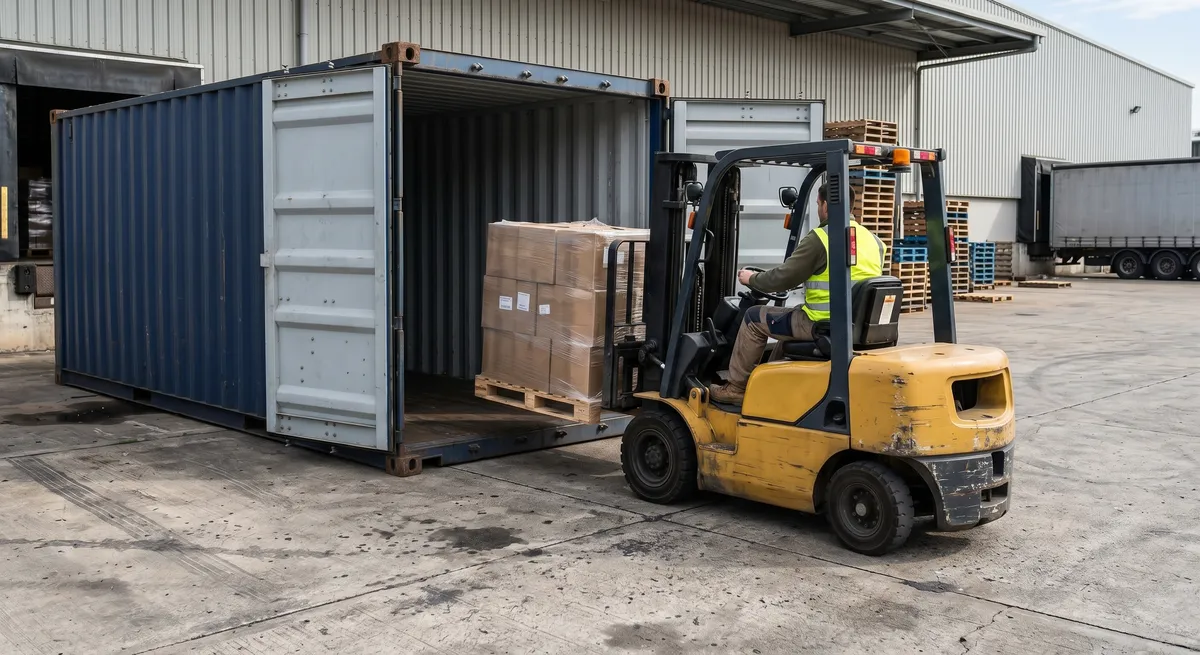Forklift loading a pallet into a ground-level shipping container through open doors