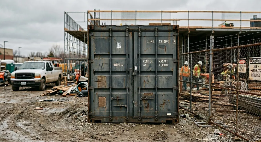 Shipping container set at ground level on an active construction site for easy tool and material access