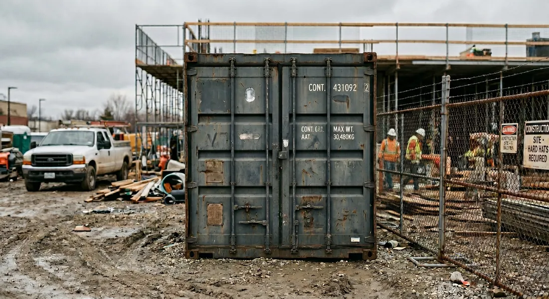 A weathered steel shipping container sitting directly on gravel at an active construction site, its cargo doors facing the camera at ground level, with a pickup truck, stacked lumber, scaffolding and a crew in high visibility clothing behind a chain link fence.