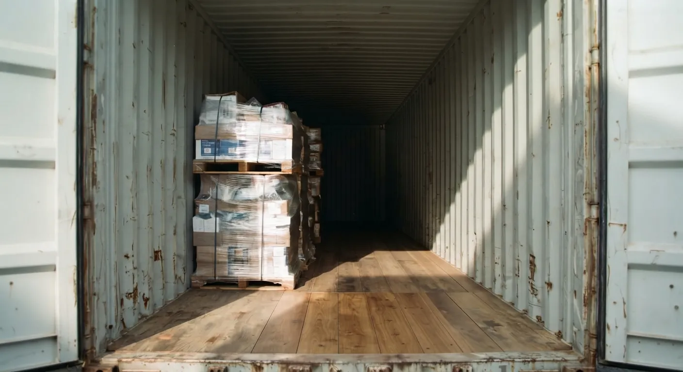 Looking into a used high cube shipping container through its open doors, with shrink-wrapped pallets stacked two-high on the wood floor and clearance still left above them