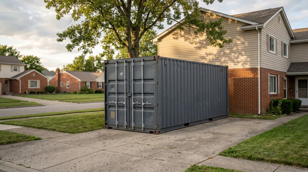 20ft shipping container placed on a suburban driveway for homeowner storage