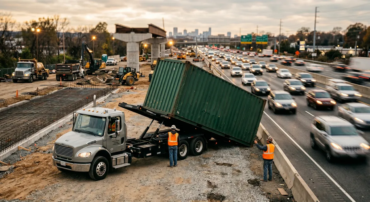A tilt bed truck with a green shipping container angled off the back of its bed toward the dirt shoulder of a highway construction site at dusk, two workers in high visibility vests standing alongside it while traffic streams past on the open lanes.