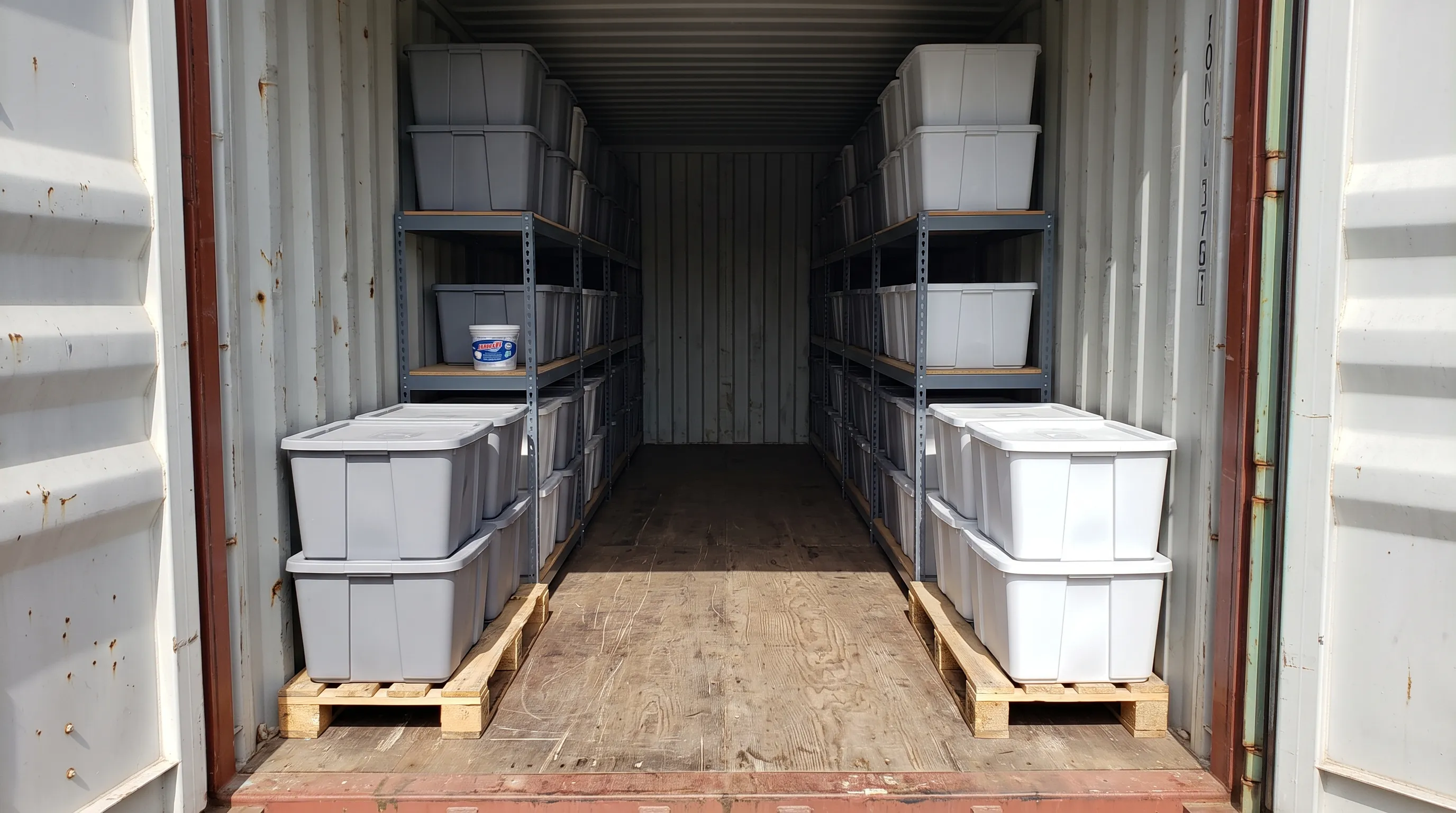 Sealed plastic totes stacked on steel shelving and wooden pallets inside a used shipping container, with a clear center aisle down the plywood floor