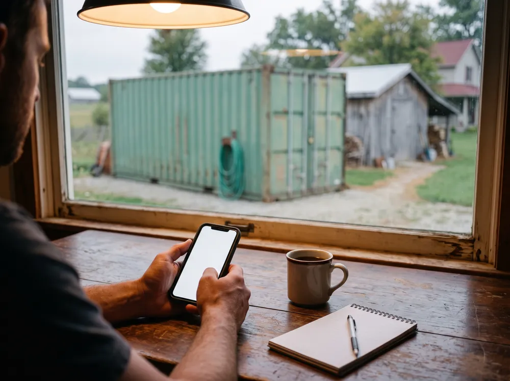 Person filling out a rent to own container application on a phone at a kitchen table, with a used shipping container visible outside the window