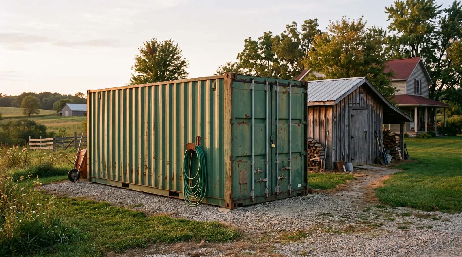 A rent-to-own shipping container set on a gravel pad behind a house