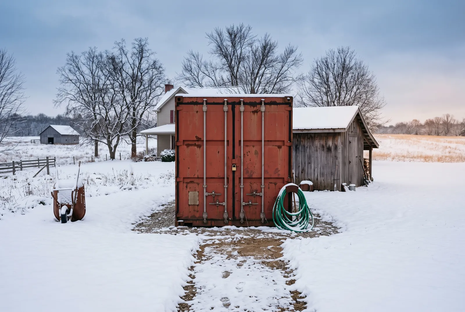 Used shipping container on a gravel pad in winter snow, shown in the same spot where it stands year round on a rural property