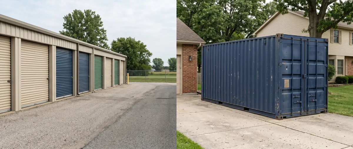 A split image. On the left, a row of self storage garage units with roll up doors along a gravel drive. On the right, a blue twenty foot shipping container standing on a concrete driveway beside a house.
