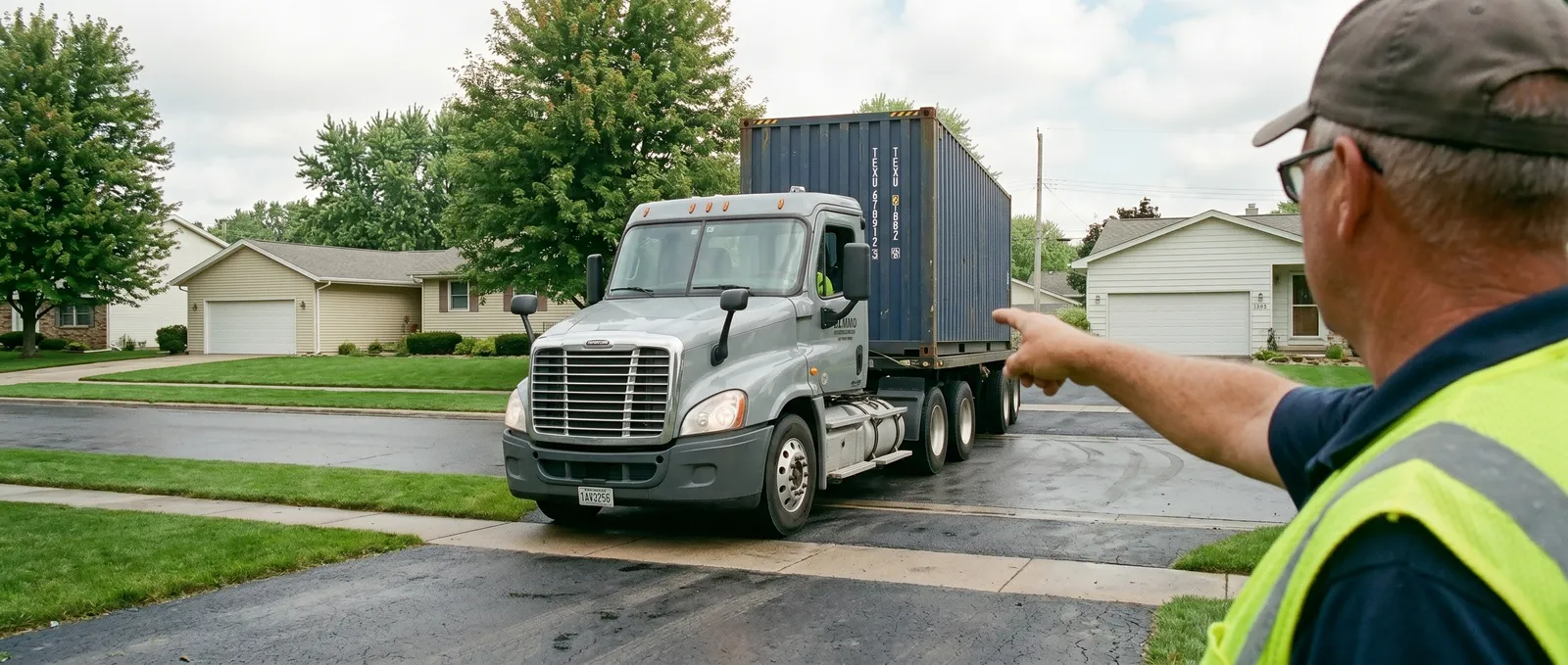 Tilt-bed truck delivering a shipping container to a home driveway in a neighborhood