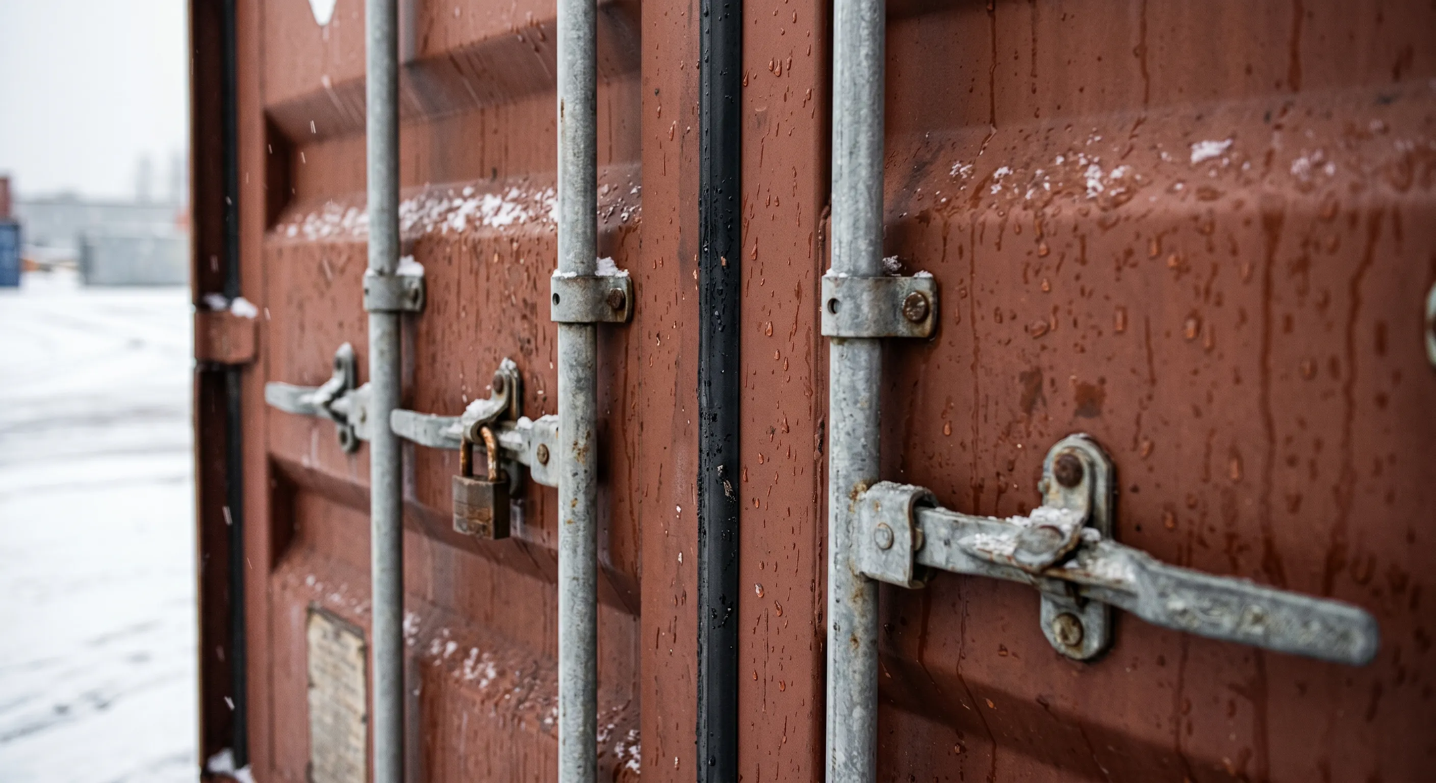 A used shipping container's closed rear doors sealed against the weather