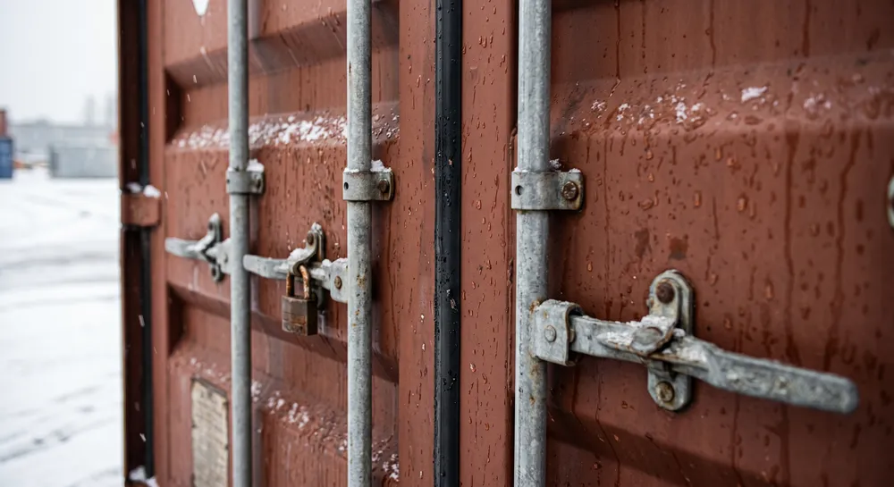 Weather-sealed shipping container doors and lockbox holding up in winter weather