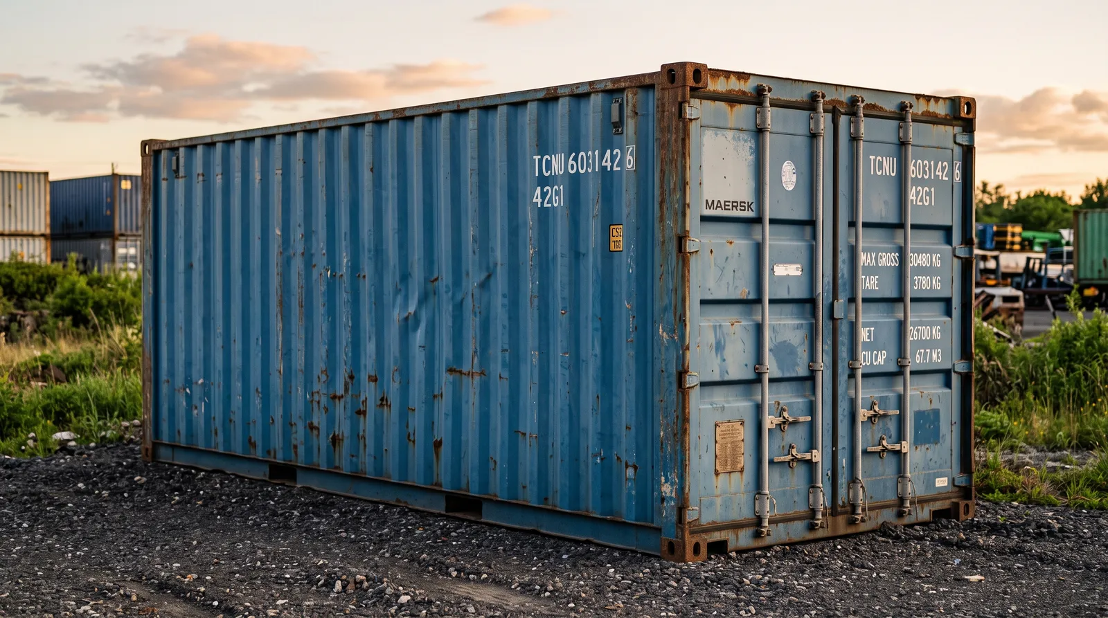 A used shipping container in weathered blue paint with surface rust on its corners and roof edge: aged but square and solid, typical of a Wind & Water Tight unit