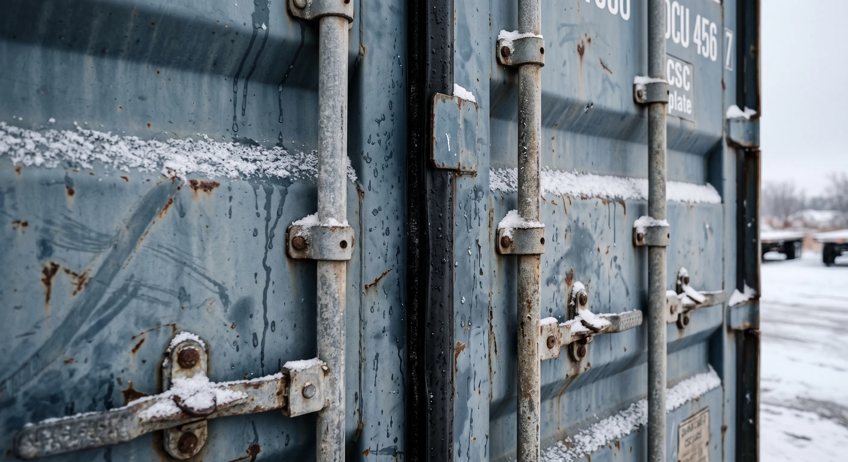 Close-up of a used container&#x27;s closed cargo doors in winter, snow dusting the locking bars and the black rubber gasket seated tight in the door edge